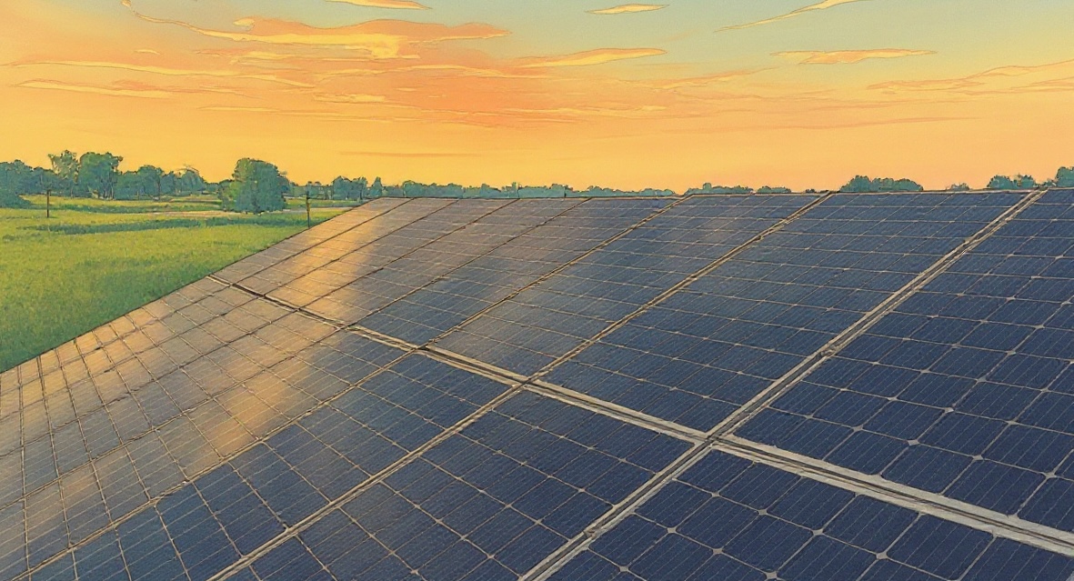 Solar installation at the works at sunset